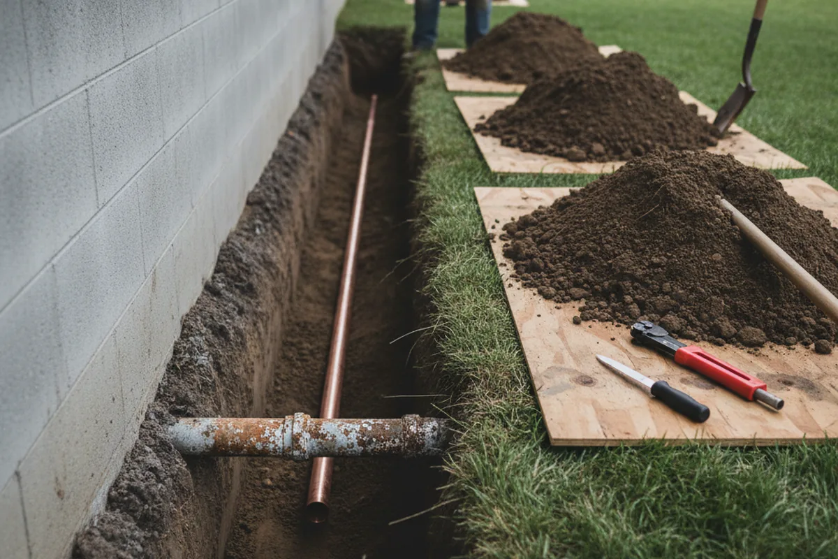 Excavated water line trench during Sewer Line Repair in Kamas